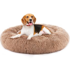 Anti-Slip Round Fluffy Plush Faux Fur Cat Bed, large Brown