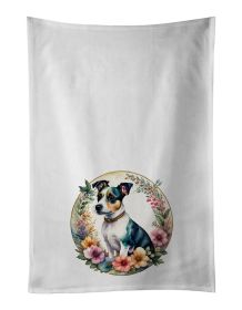 Jack Russell Terrier and Flowers Kitchen Towel Set of 2 White Dish Towels Decorative Bathroom Hand towel for Hand, Face, Hair, Yoga, Tea, Dishclo