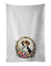 Beagle and Flowers Kitchen Towel Set of 2 White Dish Towels Decorative Bathroom Hand towel for Hand, Face, Hair, Yoga, Tea, Dishcloth, 19 X 28",